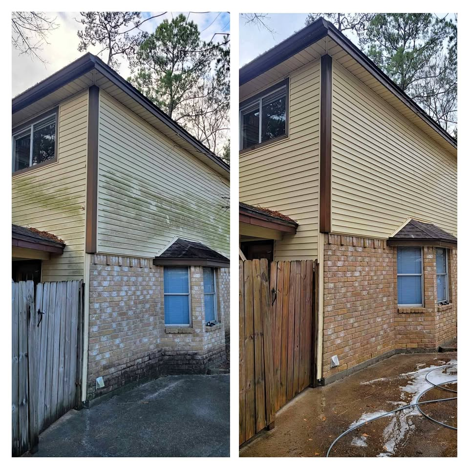 Before and after house soft wash showing green mildew removed from vinyl siding