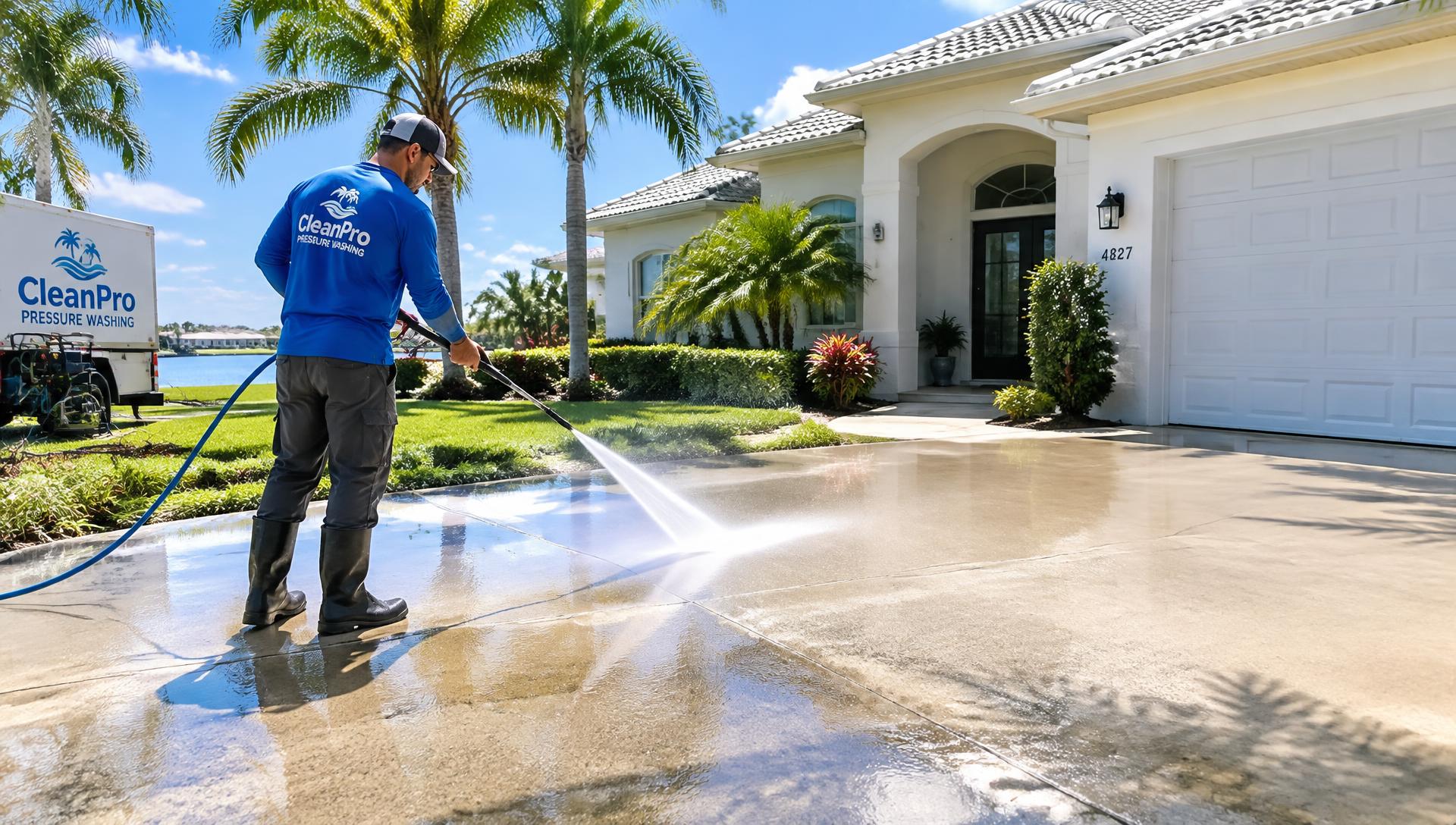 Technician pressure washing a concrete driveway at a Fort Myers home